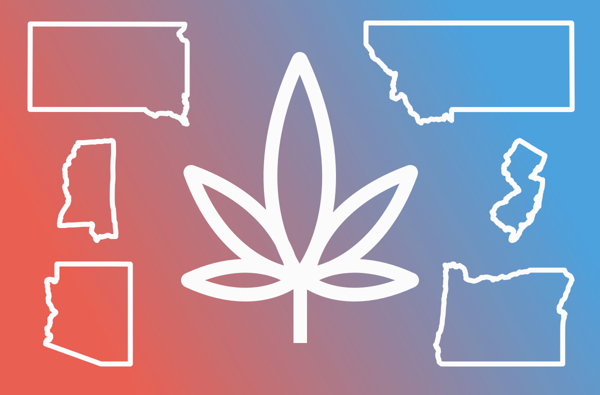 an abstract design of a marijuana leaf surrounded by the states montana, mississippi, arizona, oregon, south dakota, new jersey