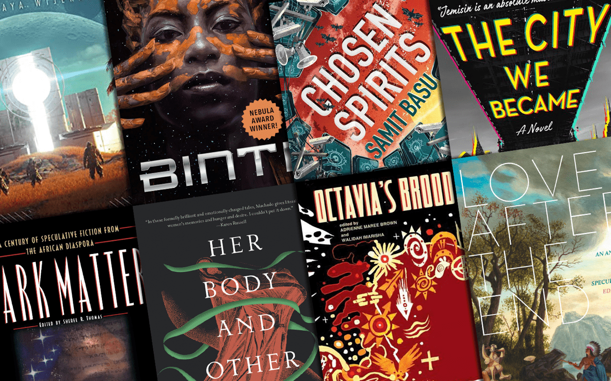 a collage of science fiction book covers by writers of color and many about diverse and historically marginalized communities