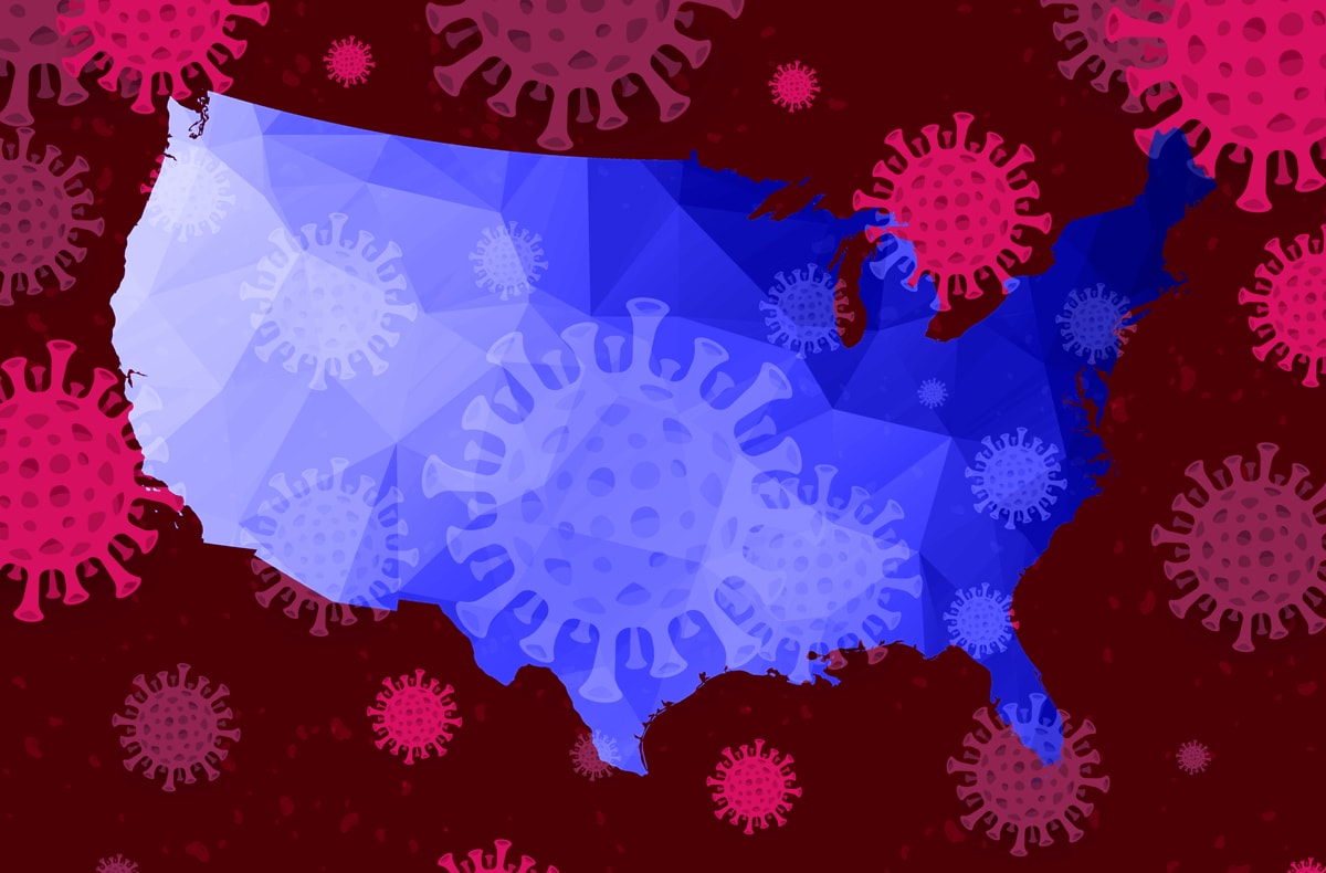 an abstract map of the us with virus particles overlaid on top