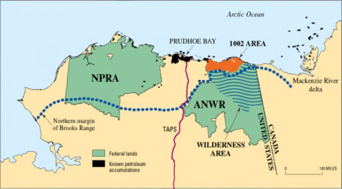 a colored map of the coast along the arctic national wildlife refuge. landmarks include NPRA, ANWR, denoting wilderness area inside ANWR 