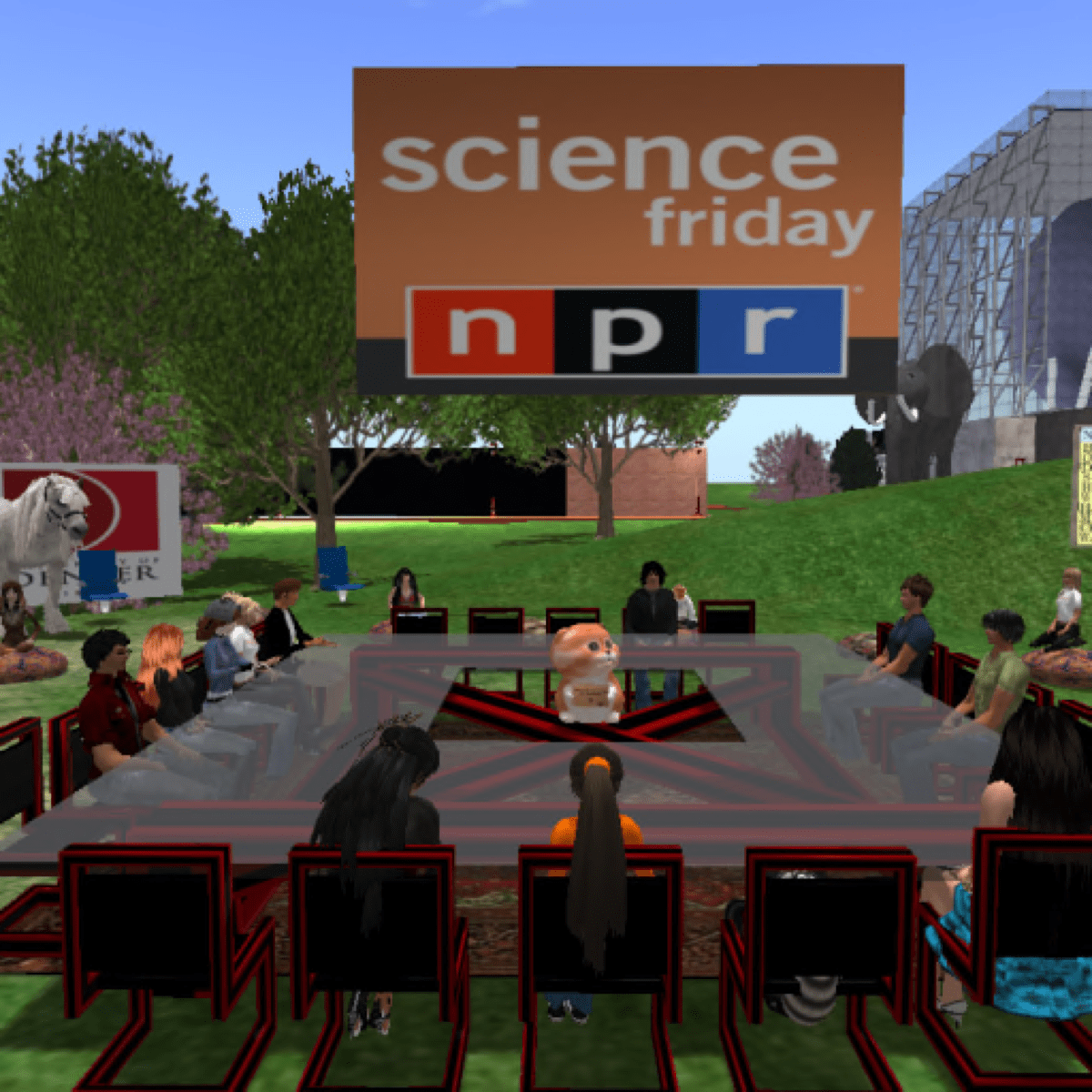 a virtual world of avatars sitting around a square glass table. in the middle of the table is a small dog. above them is a sign that reads science friday npr