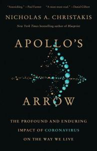 a black book cover with a blue illustration of circles that are arranged as a bow and arrow. the title in gold reads "apollo's arrow"