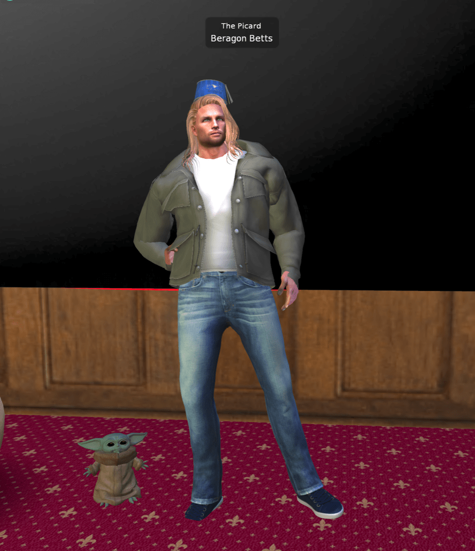 a buff and tall male presenting avatar with long flowing hair. the avatar is wearing a blue hat, green jacket, and jeans