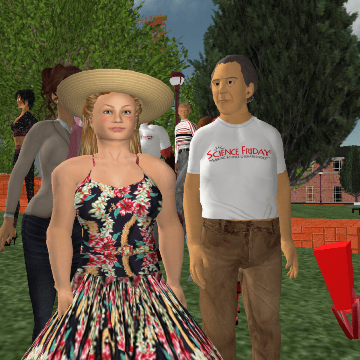 a woman avatar with blonde hair, a sun hut, and a flower dress. standing next to her is an older male avatar with a white t-shirt that reads, "science friday."