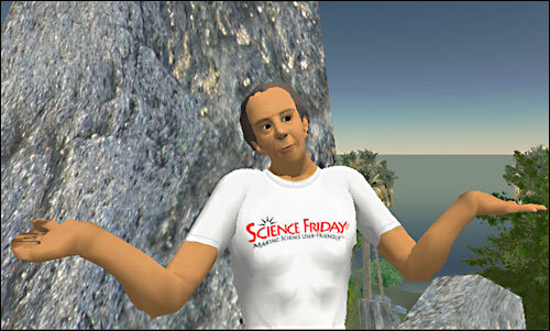 a virtual world avatar of an older man with a buff body wearing a white t-shirt. the avatar is doing a shrug and standing in front of a boulder. water can be seen in the horizon