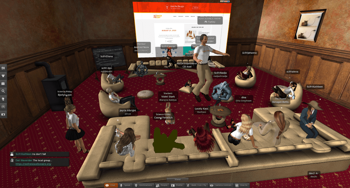 a virtual room with avatars. the avatars gather in a comfy lounge, with a big tan sofa and various chairs and cushions. behind them on the wall is a screen that shows the science friday website