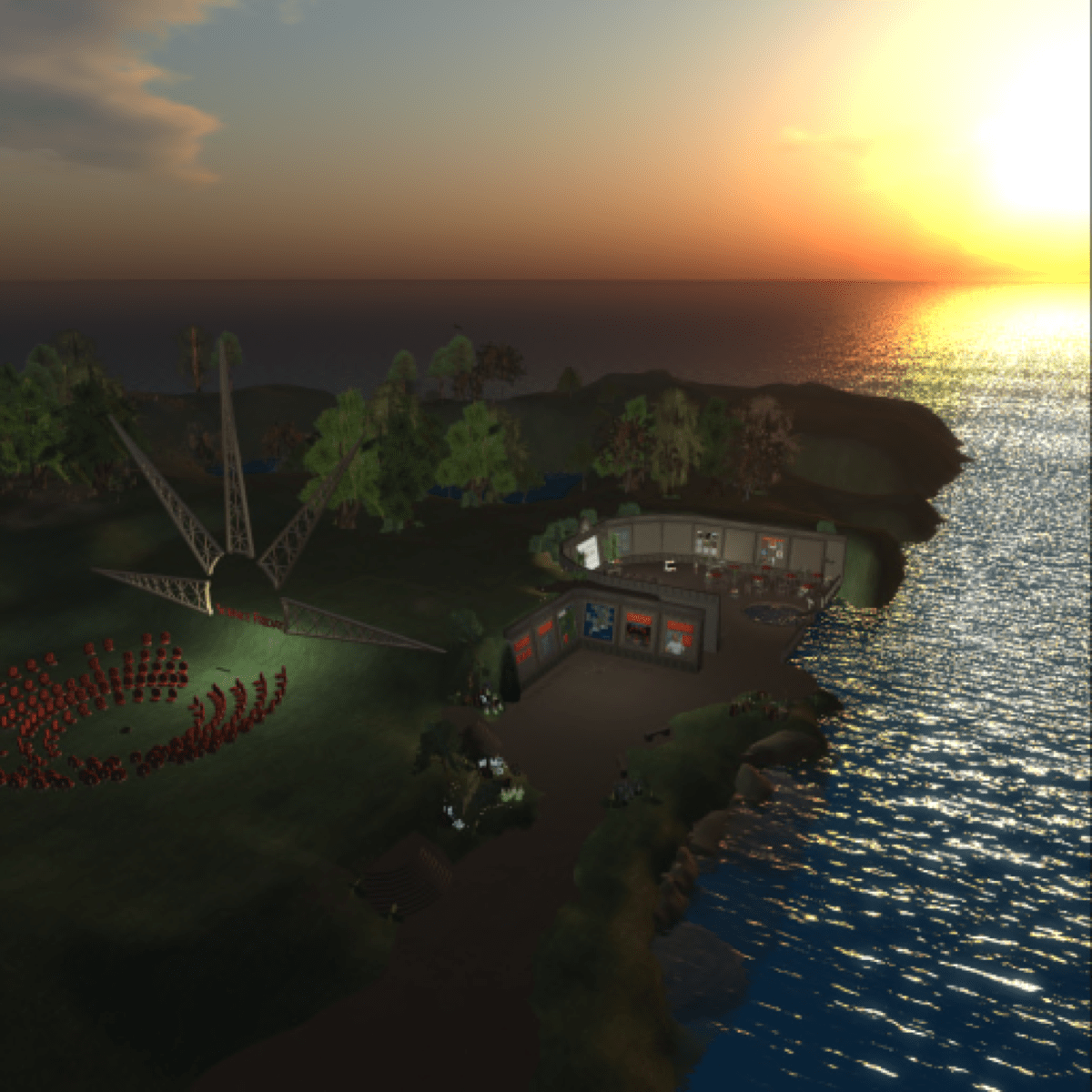 a beautiful virtual island in second life. the sun sets on the island highlighting the waves of the nearby ocean