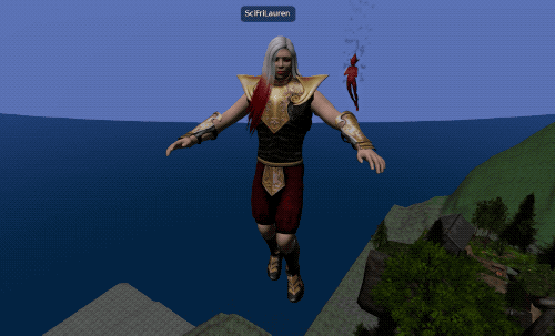 a nonbinary buff avatar with long flowing silver hair and red and gold armor flies through a virtual forested island. next to the avatar's shoulder is a small red flying demon