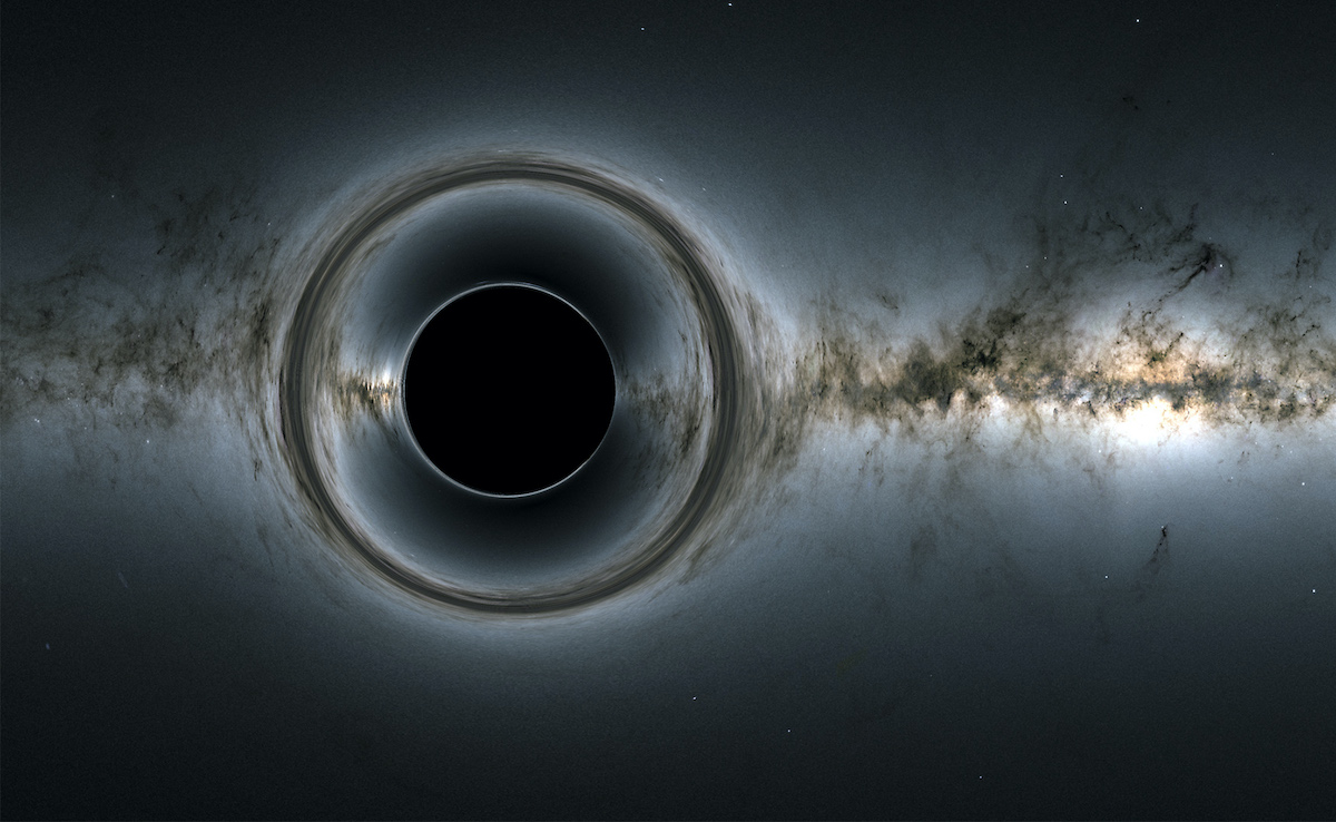a computer simulation of a large black circle distorting a milky galaxy