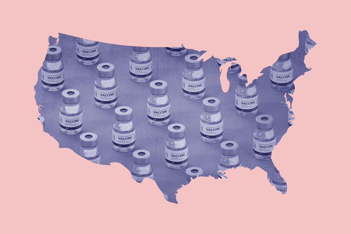 an outline of the united states in blue with a continuous pattern of vaccine vials. the background is a light pink