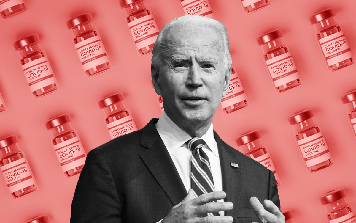 a white man in a suit cut out and filtered in black and white. in the. background is a pattern of rows of vaccine vials filtered red