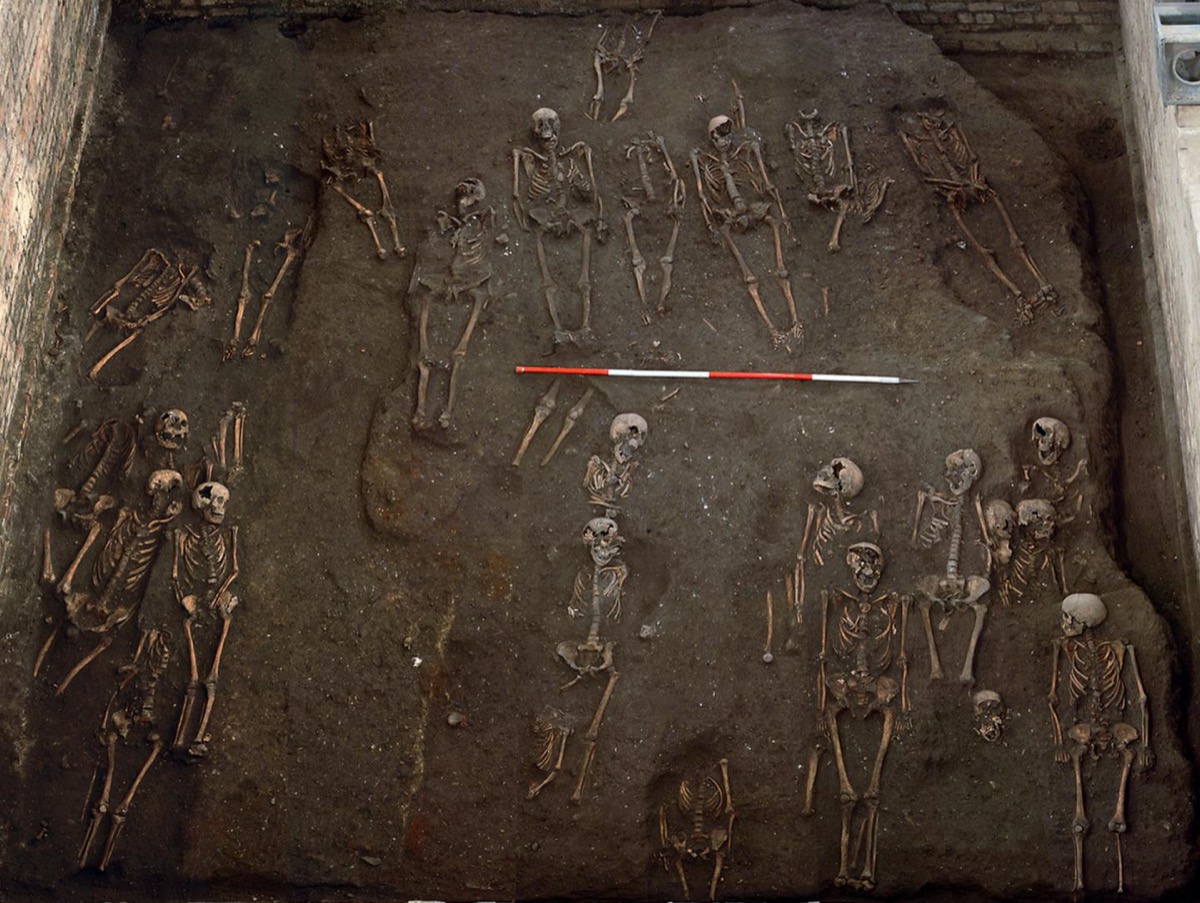 an aerial view of an excavation site that was formerly a hospital. there are several full skeletons of human remains