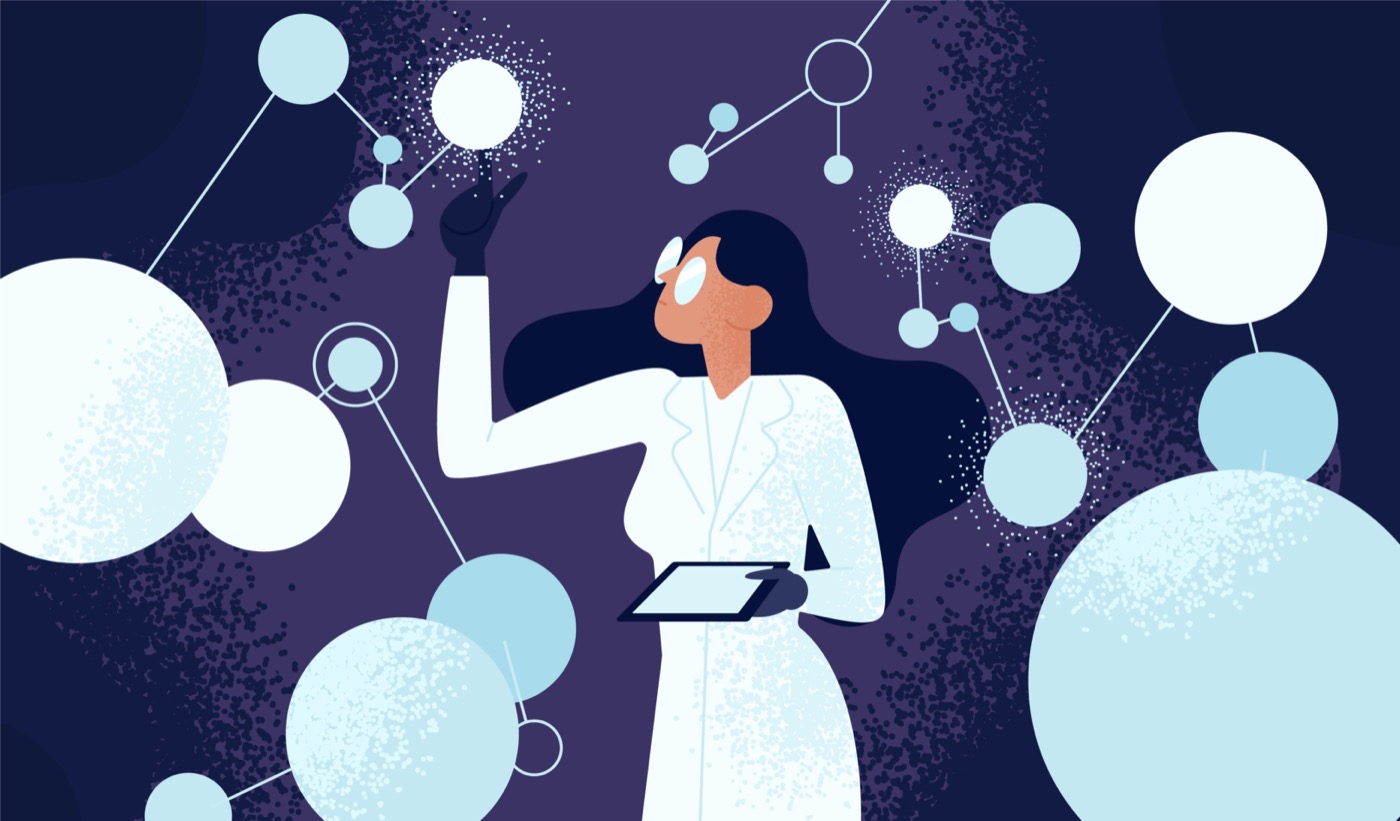 an illustration of a Black scientist with a white lab coat holding a tablet wearing big glasses reaching out to abstract orbs connected by lines around her