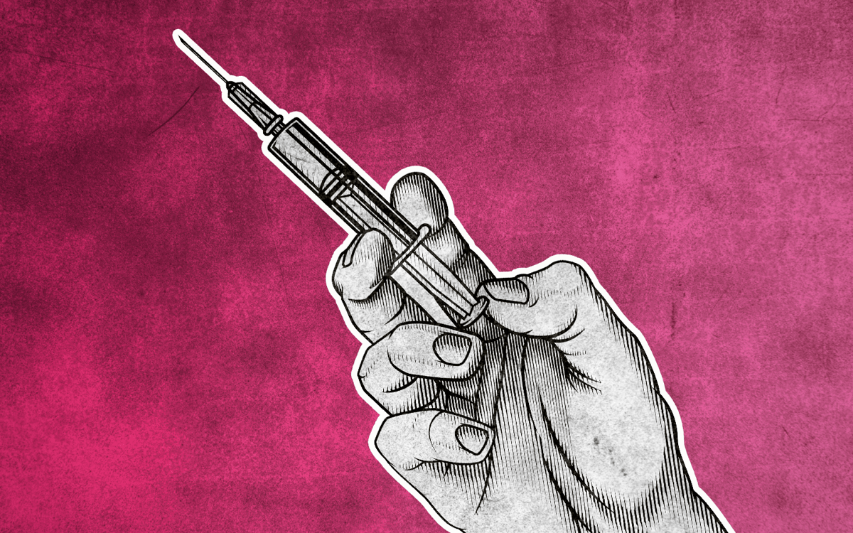 a vintage illustration of a hand with a syringe on a burgundy paper textured background