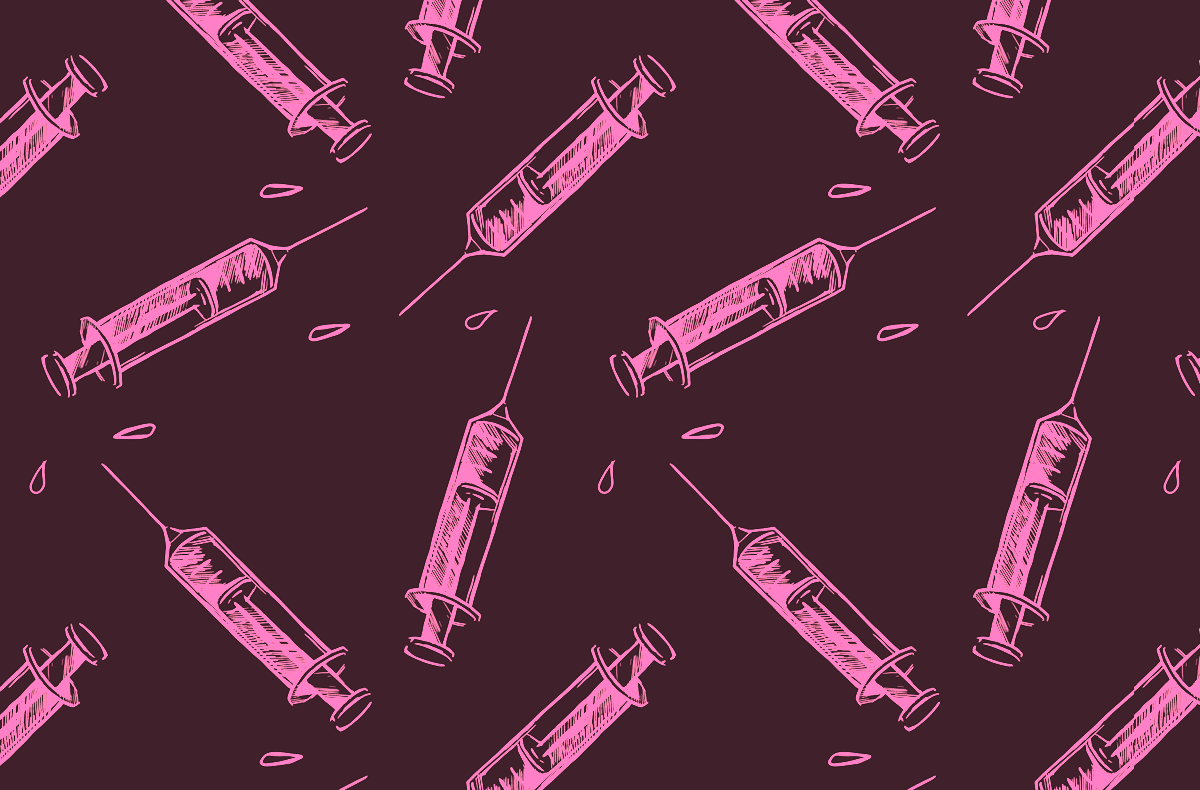 illustration collage of a dozen pink syringes