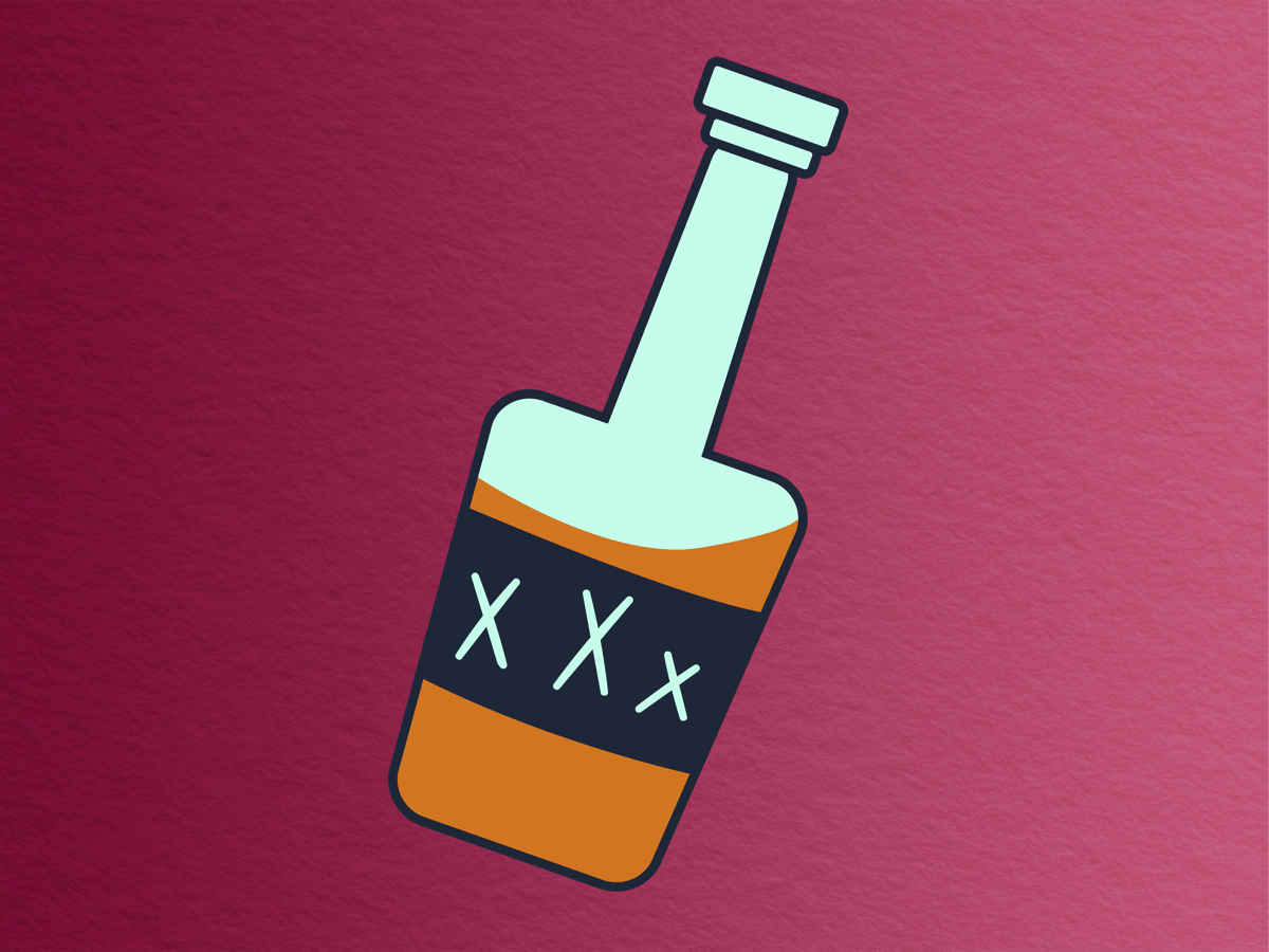 cartoon image of a moonshine bottle with XXX written on it and sloshing brown liquid, on a wine colored paper-textured background