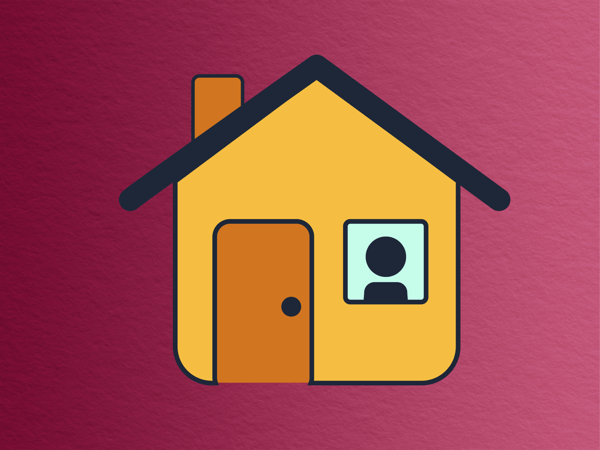 cartoon image of a house with a single cartoon person inside visible through the window, all on a wine-colored paper-textured background