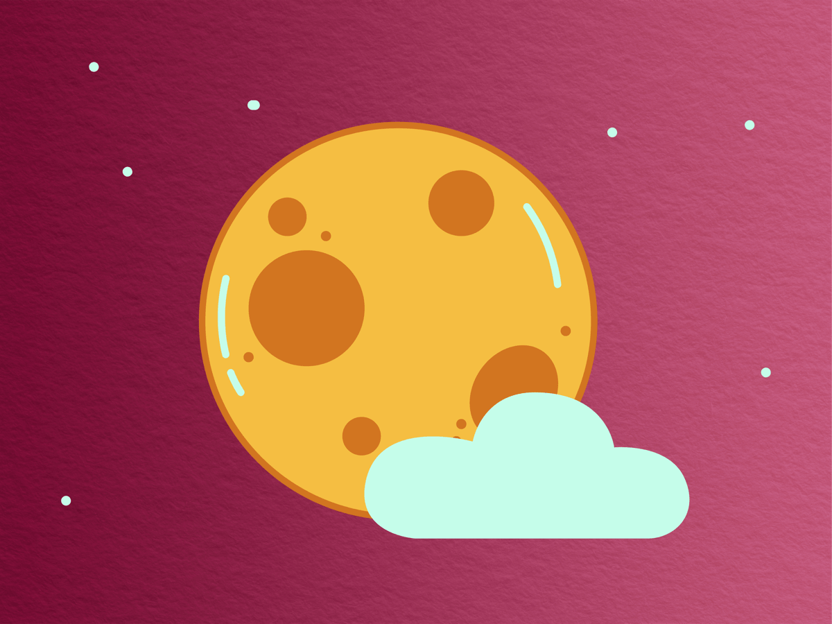 cartoonish yellow moon and fluffy clouds with a sprinkling of stars in the background against a wine-colored paper-textured background