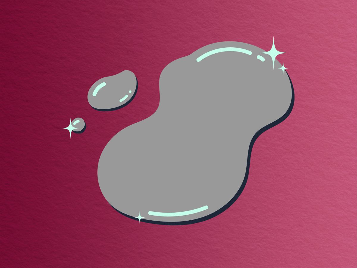 cartoonish, silvery, shiny gray blob of elemental mercury splashes on a wine-colored, paper-textured background