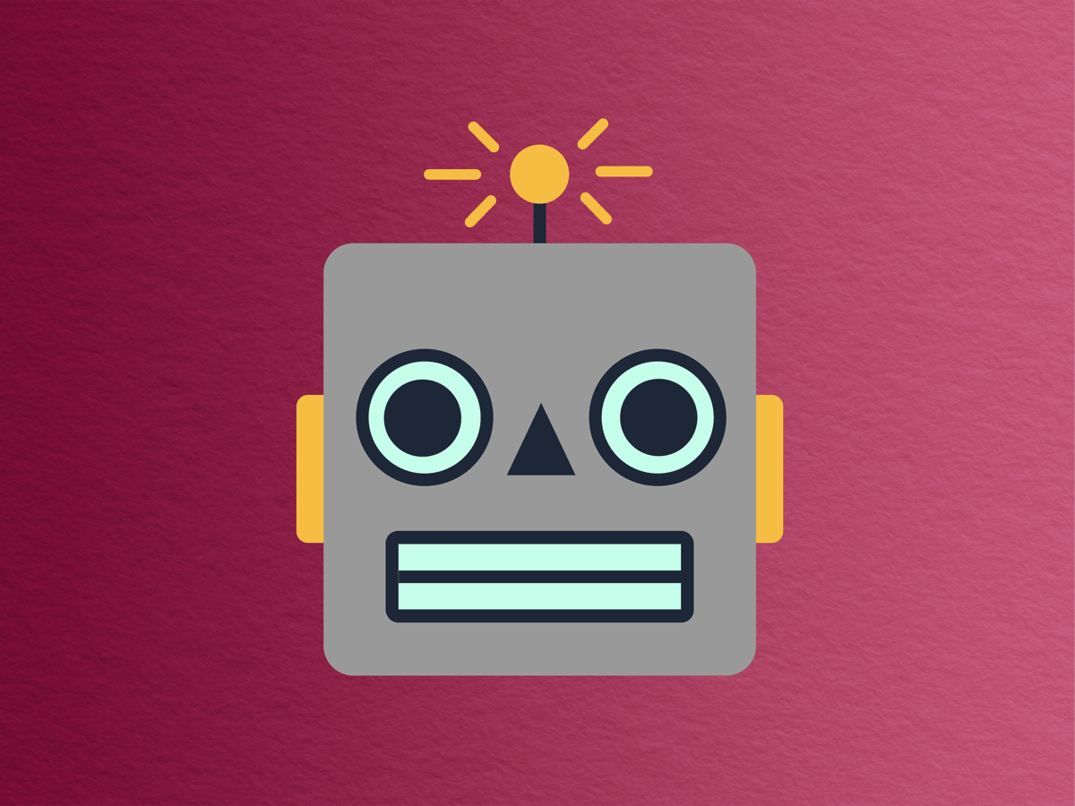 cartoonish and emoji-like square gray robot head with yellow ears and grimmacing face against a wine-colored paper-textured background