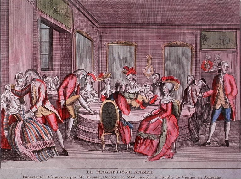 an etching with several well-to-do people in a room, wearing red, engaging in some strange behavior like hypnotism. they are all gathered around a central table and text at the bottom of the image says "le magnetisme animal"