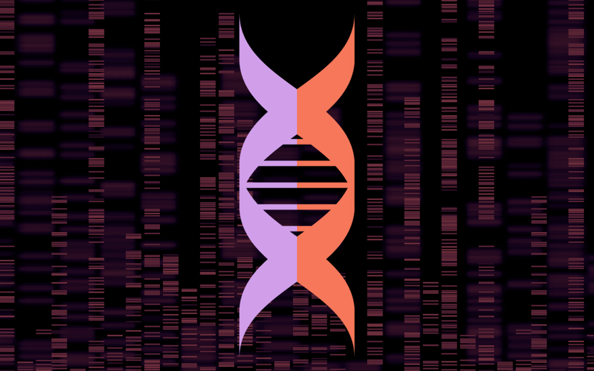 an illustration of a double helix dna in purple and orange. in the background are dna sequence bars 
