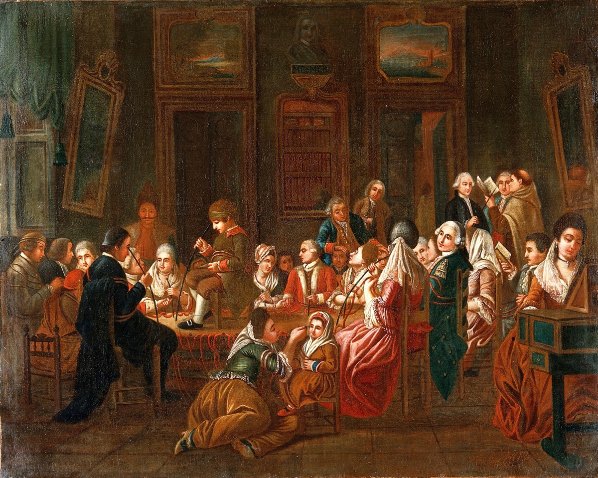 a colored oil painting of many people in 18th-century attire sitting in a room. they are all holding magnetized rods to parts of their bodies.