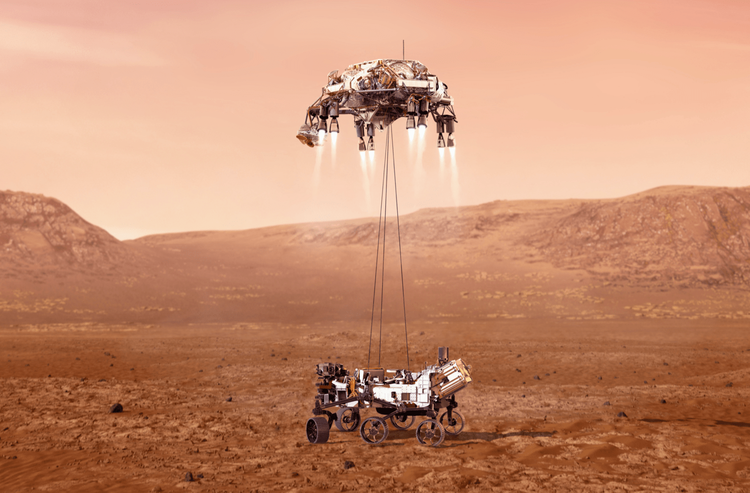 a computer generated image of the new mars rover landing on mars, being lowered down on wires by a rocket powered platform