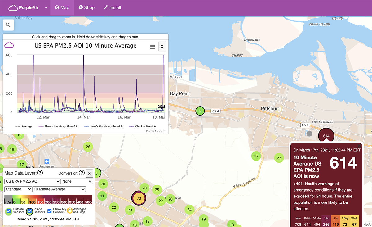 PurpleAir monitor map with data from Pittsburg, California showing air quality.