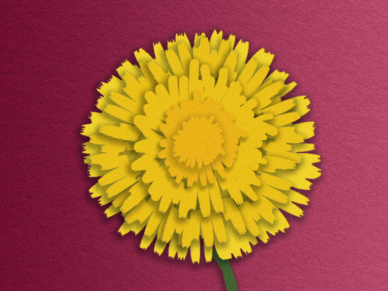 paper cutout of yellow dandelion against wine-colored paper textured background