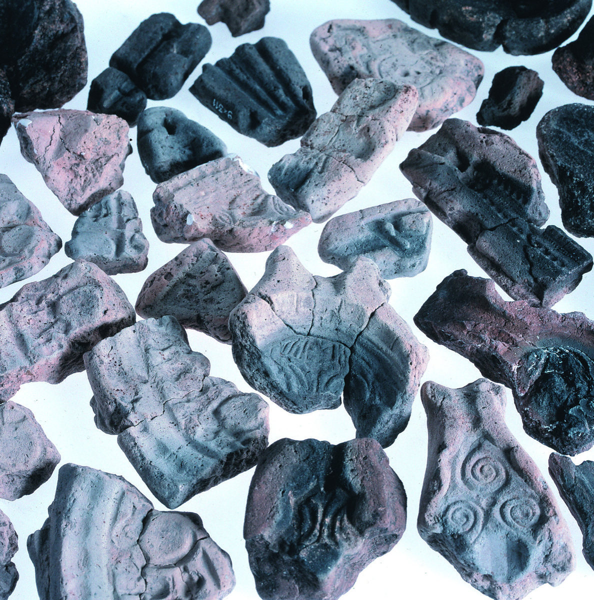 a bunch of gray stone mould fragments. on the surfaces of each, you can make out intricate patterns of the mouldings