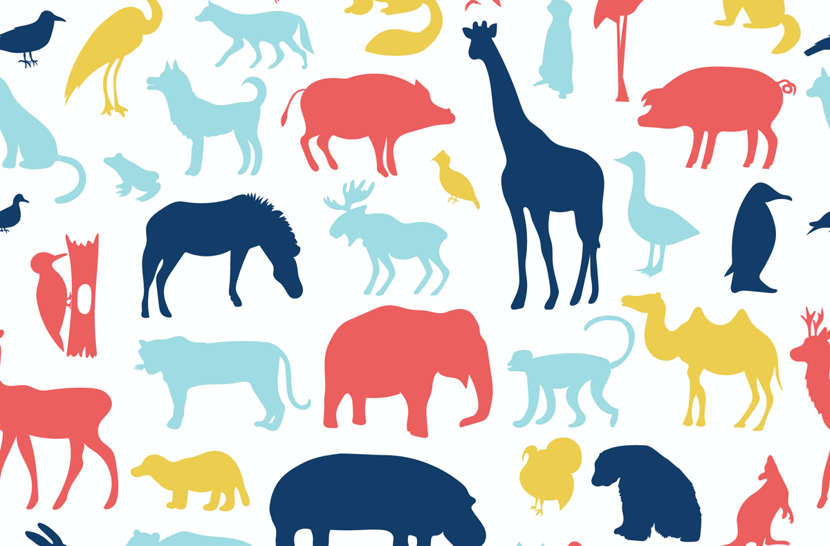 illustrations of a pattern of animals including giraffes, monkeys, elephants, leopards, turkeys, ferrets