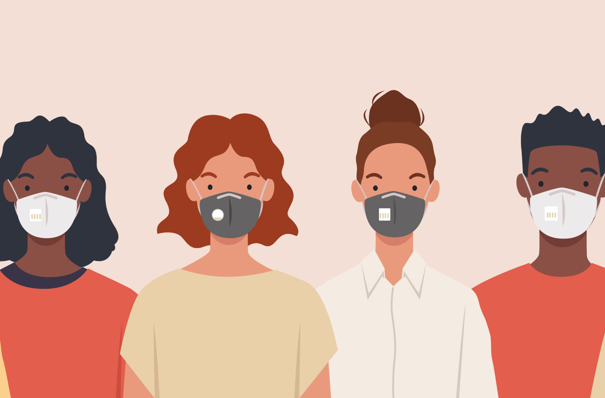 an illustration of four people, one black woman, two white women, and one black man, all wearing masks, looking straight ahead