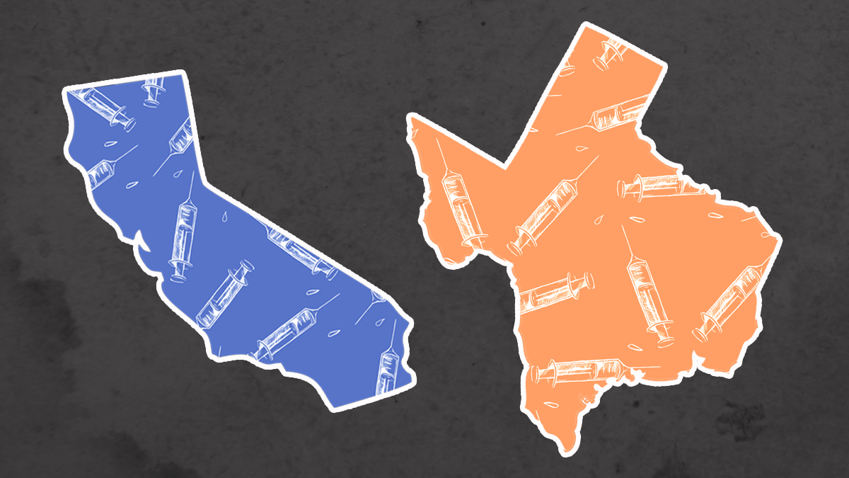 two outlines of states, california and texas. california is in blue and texas is shaded orange. both have illustrations of vaccine syringes in them