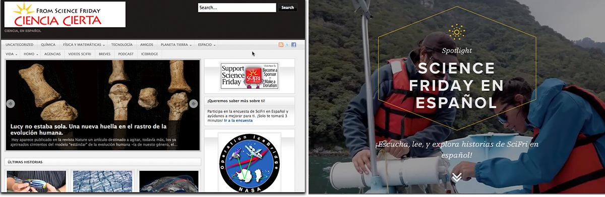 two side by side screenshots of websites named Science Friday and Ciencia Cierta Espanol