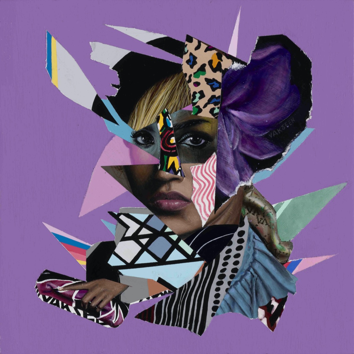 an abstract portrait of various angular triangles and rectangles, each filled with different types of patterns. these are spliced over a woman's face