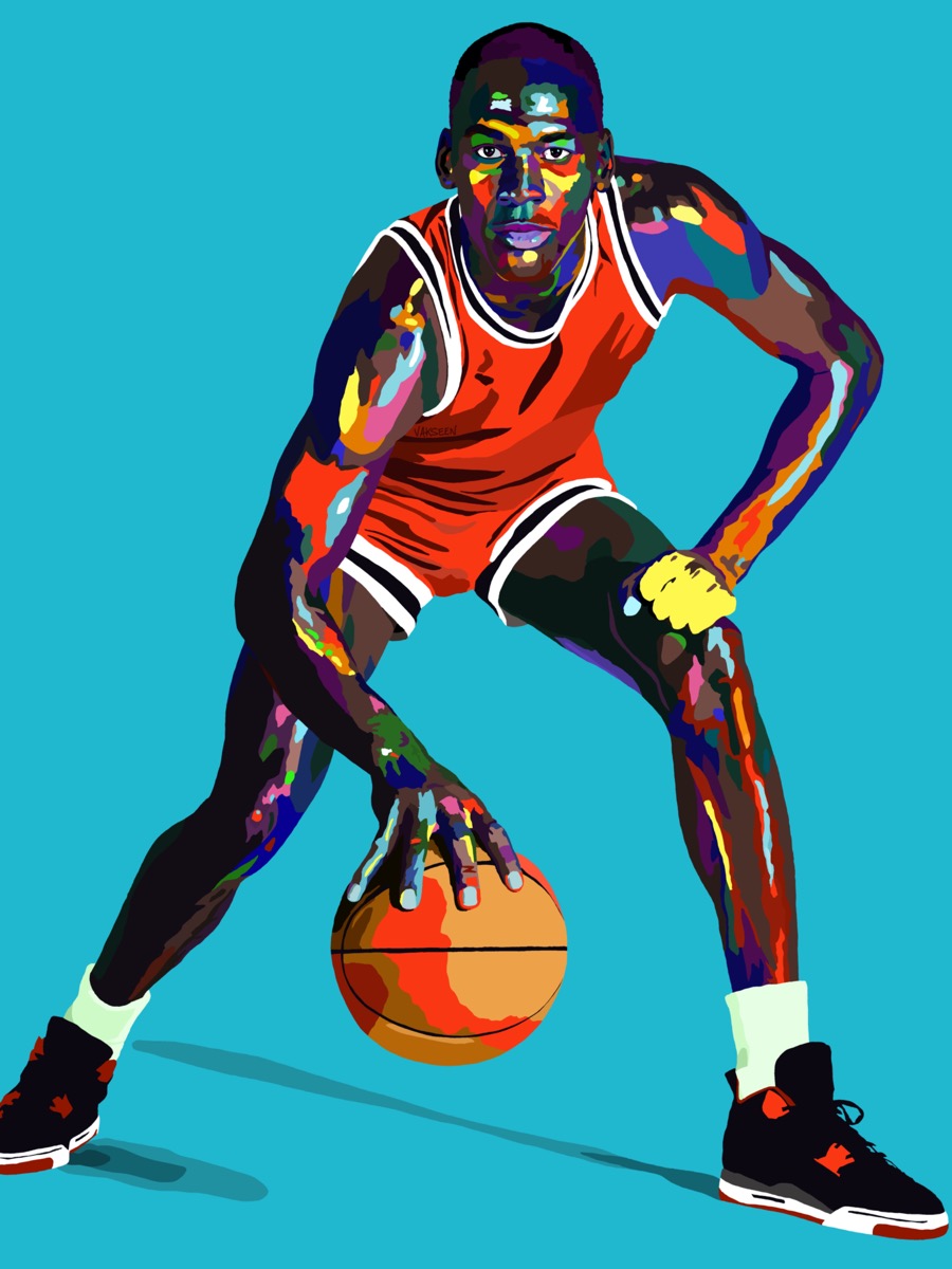 a bright painting of a black man in a red sports jersey dribbling a basketball on a bright blue background