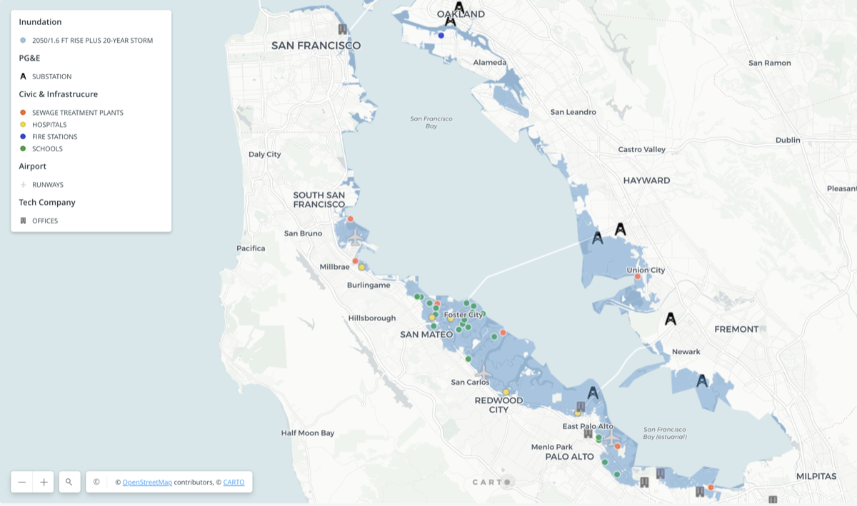 a map of the bay area with blue shaded regions indicating future sea level rise covering large aras of san mateo, redwood city, east palo alto, union city