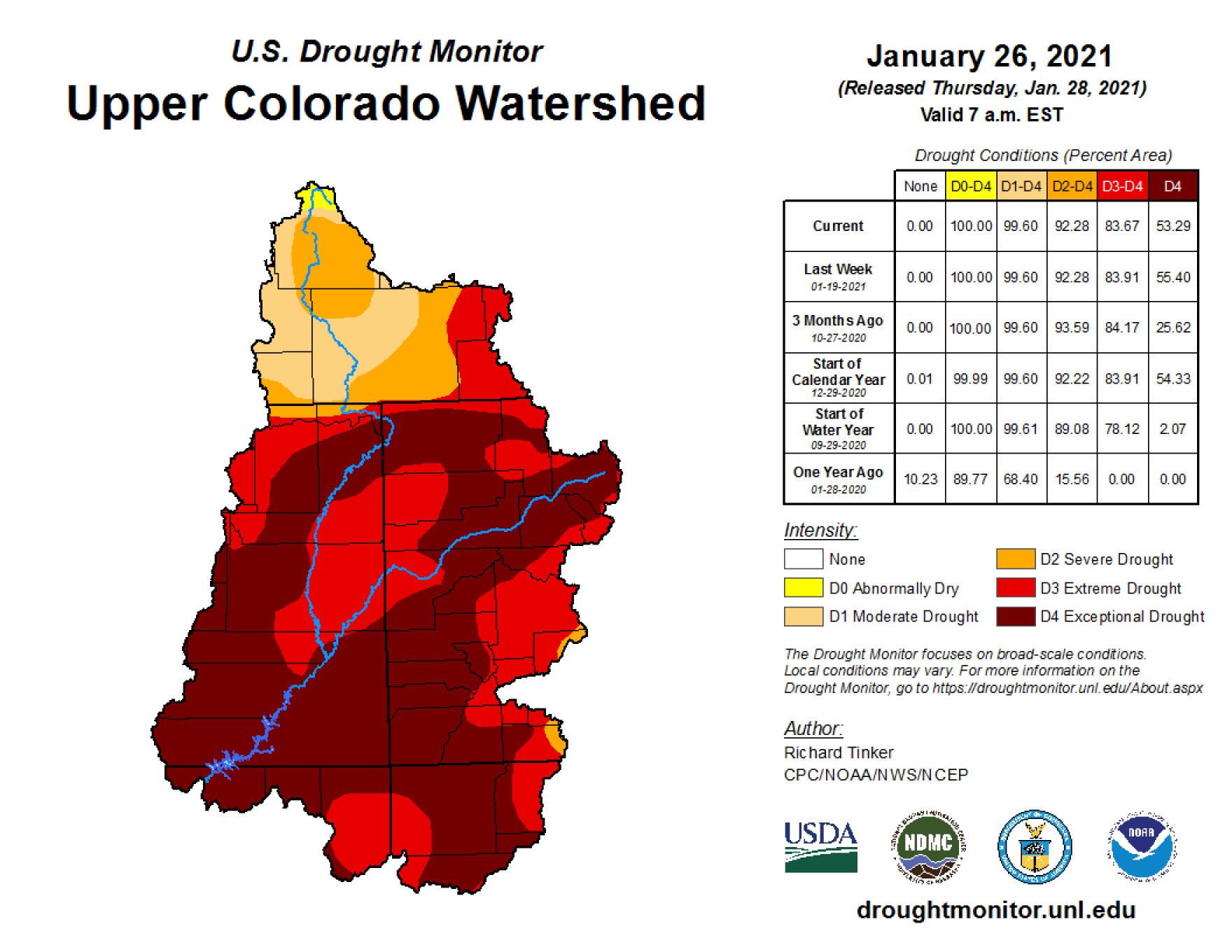 a map showing the upper colorado rivershed with a data table to the right. according the color coding, most of the region is in extreme drought