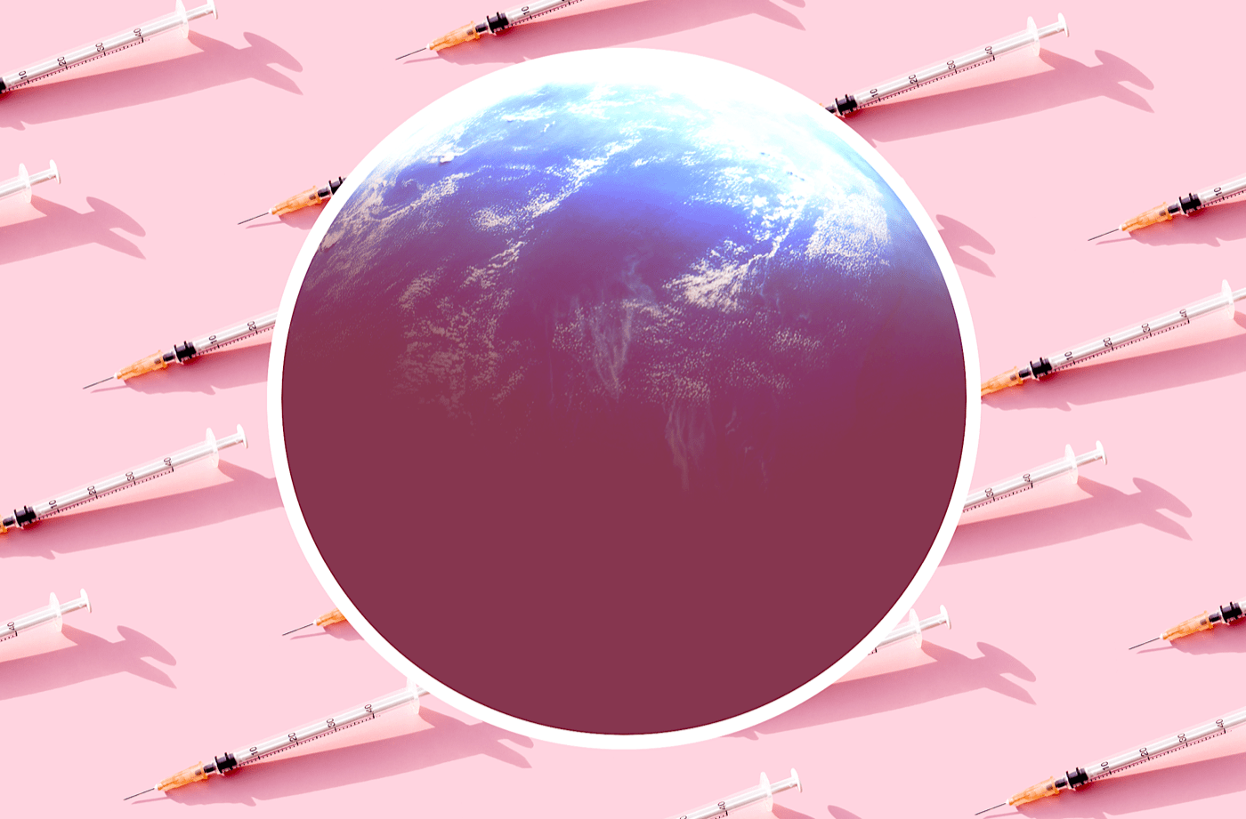 an abstract image of the earth on top of rows of vaccine syringes