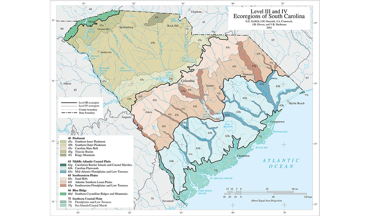 Map of South Carolina with different colors to indicate the ecoregion.