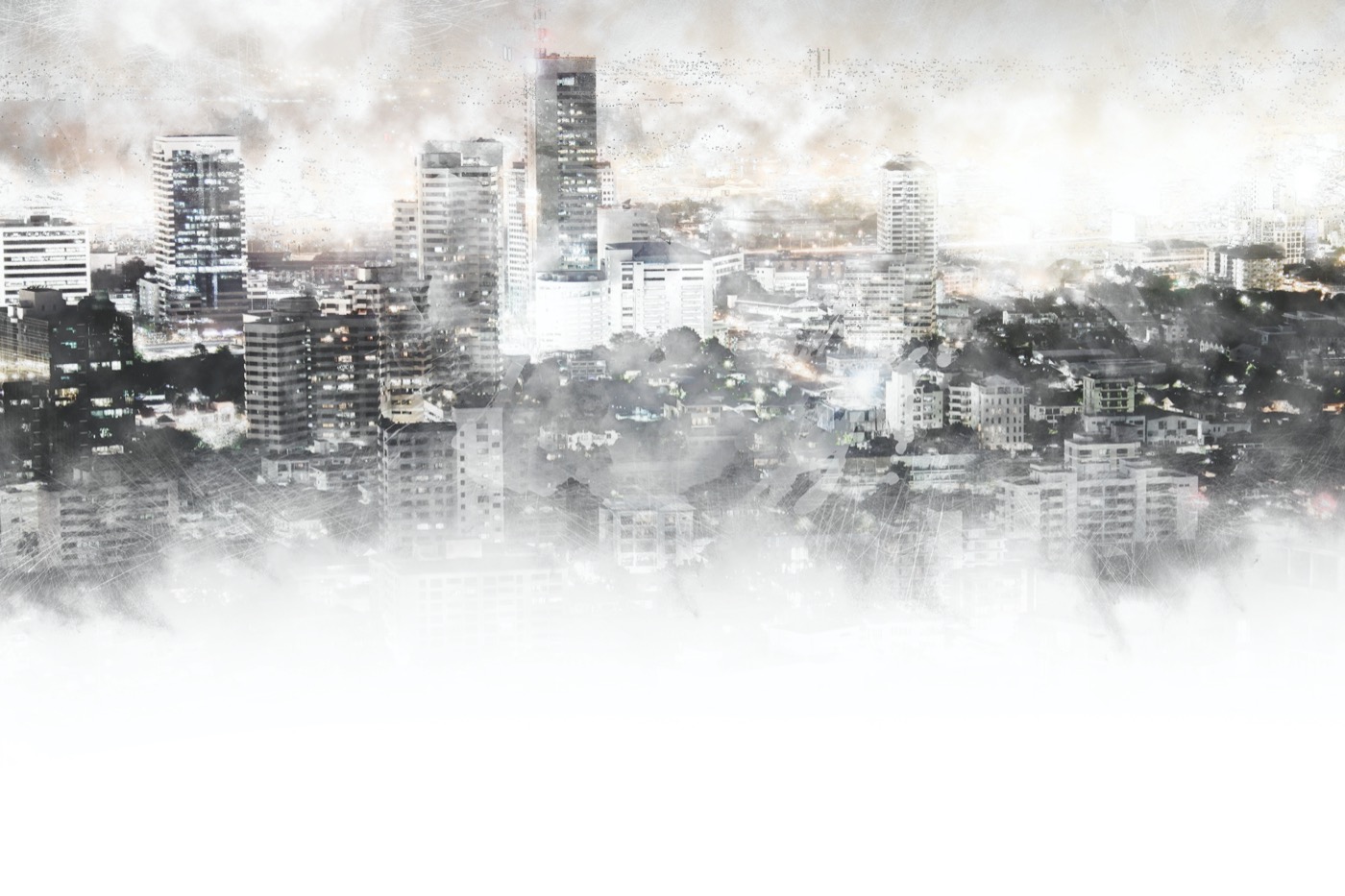 an abstract painting of tall skyscrapers shrouded by pollution