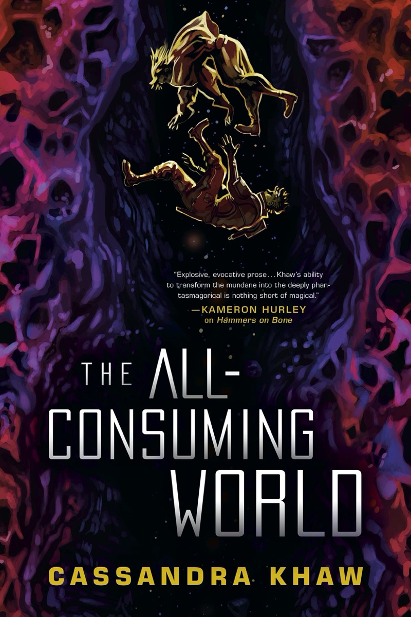 a book cover of two illustrated people falling down a dark purple and pink cave. the title reads "the all consuming world" by cassandra khaw