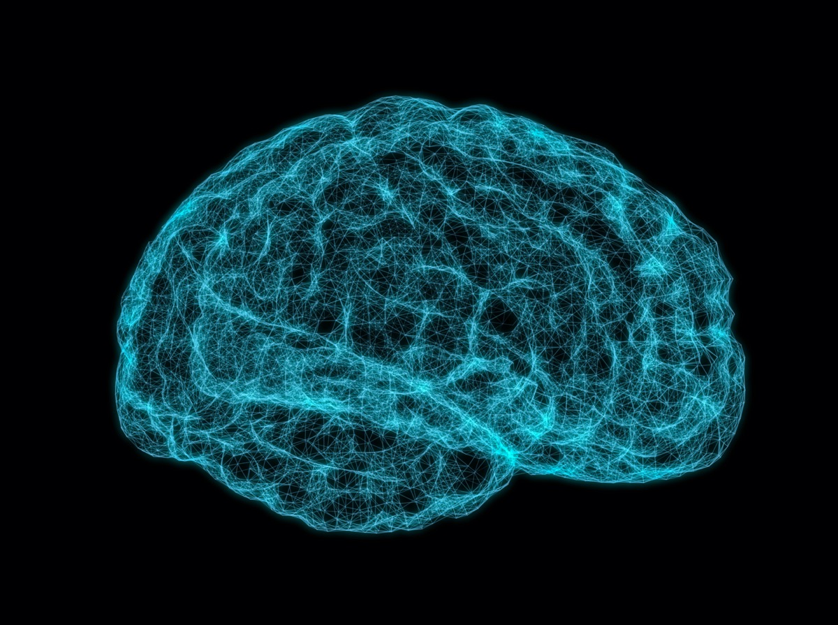 brain made of interconnected neon blue lines against a black background