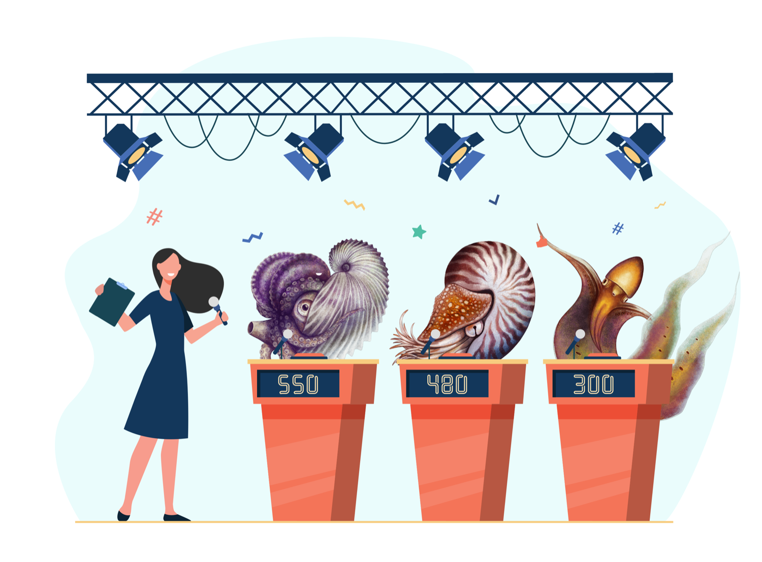 an illustration of a game show stage, with three podiums with an argonaut, nautilus, and blanket squid behind them, and a white woman host to their left