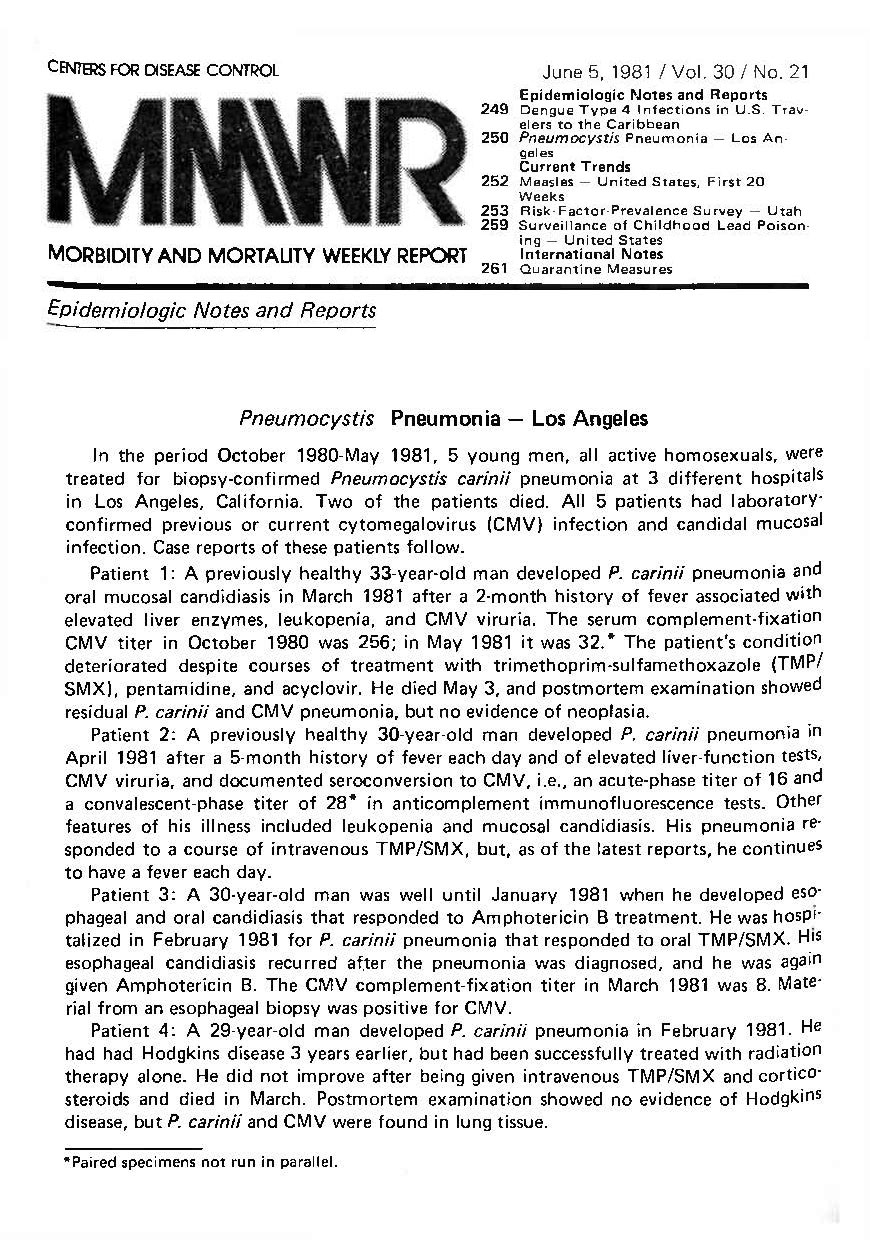 a manuscript page with the title "mmwr" in bold black letters and beneath it an article that details "Pneumocystis Pneumonia --- Los Angeles" 