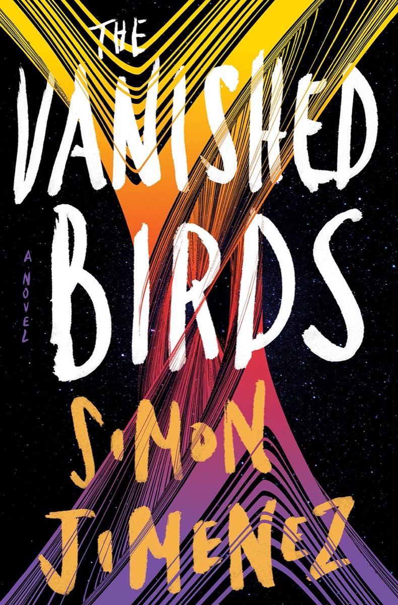 a black book cover with a twisted painted strokes of yellow, orange, pink, and purple. the title reads "the vanished birds" a novel by simon jimenez