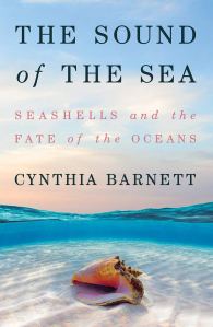 a book cover showing a bright pink and orange shell on the sea floor beneath the waves under a tangerine, blue sky. with the title "the sound of the sea: seashells and the fate of the oceans" by cynthia barnett