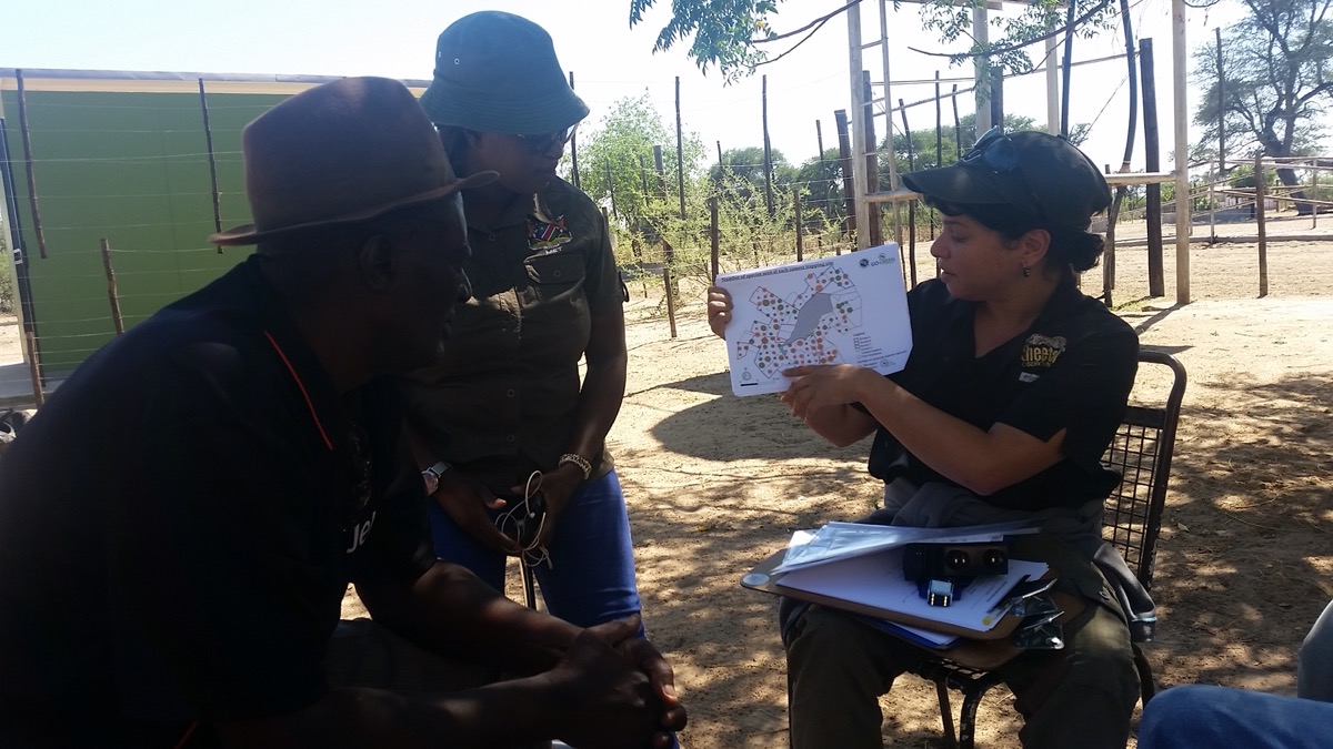 a nonbinary scientist holding up a map with several dots on it to two community members