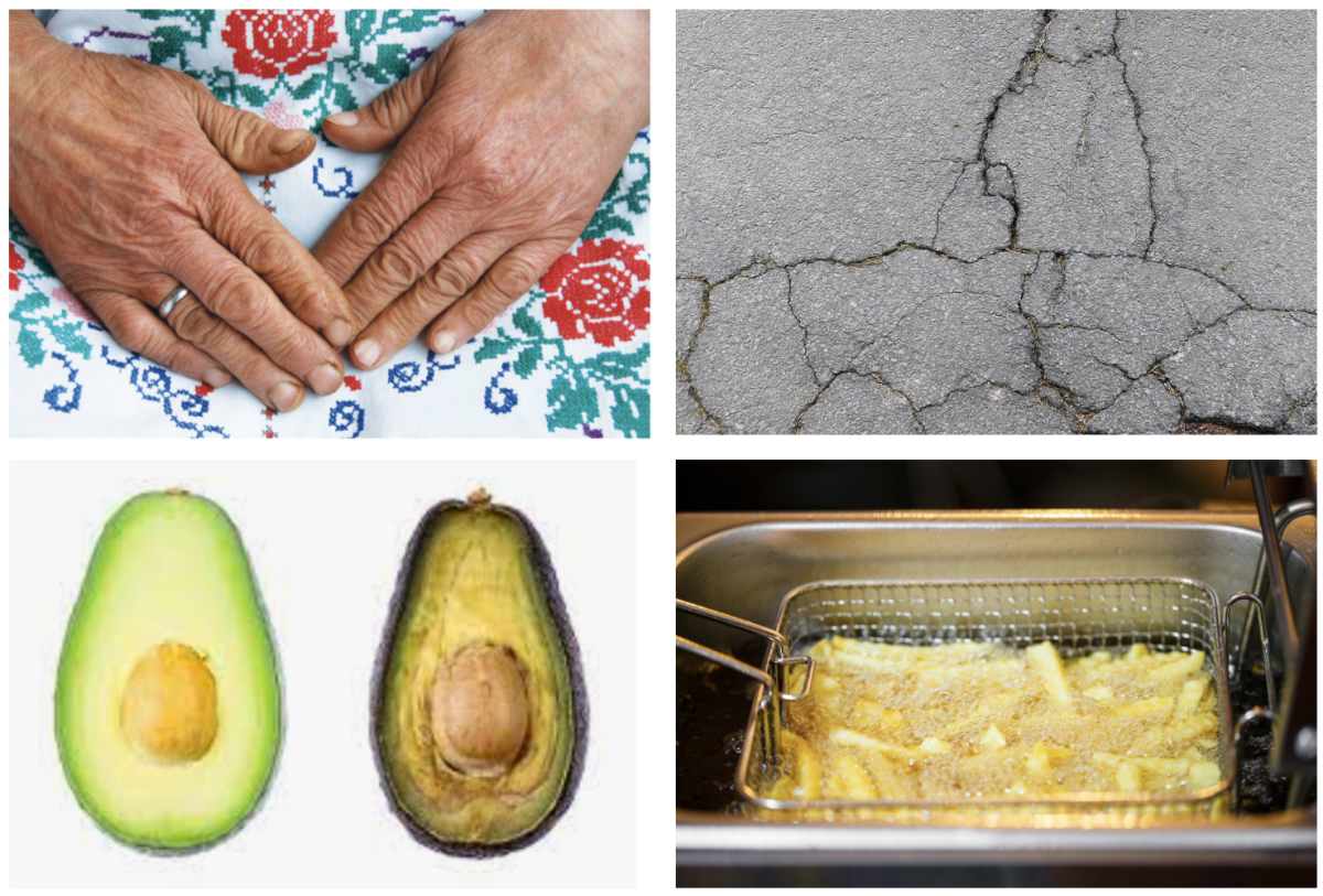 An image of hands touching dyed fabric, a picture of cracked pavement, an image of a browning avocado, and an image of french fries in a frying basket being browned